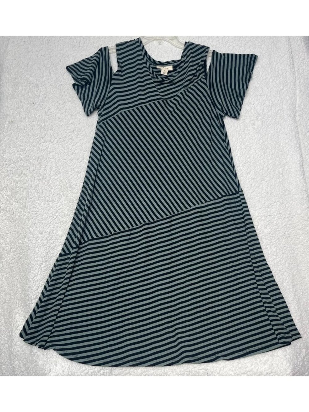 Style & Co XL Striped Cold Shoulder Swing Dress Blue Green